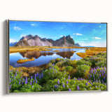 Framed canvas depicting a vintage Icelandic landscape in muted black and colorful hues, ideal for living room decor.