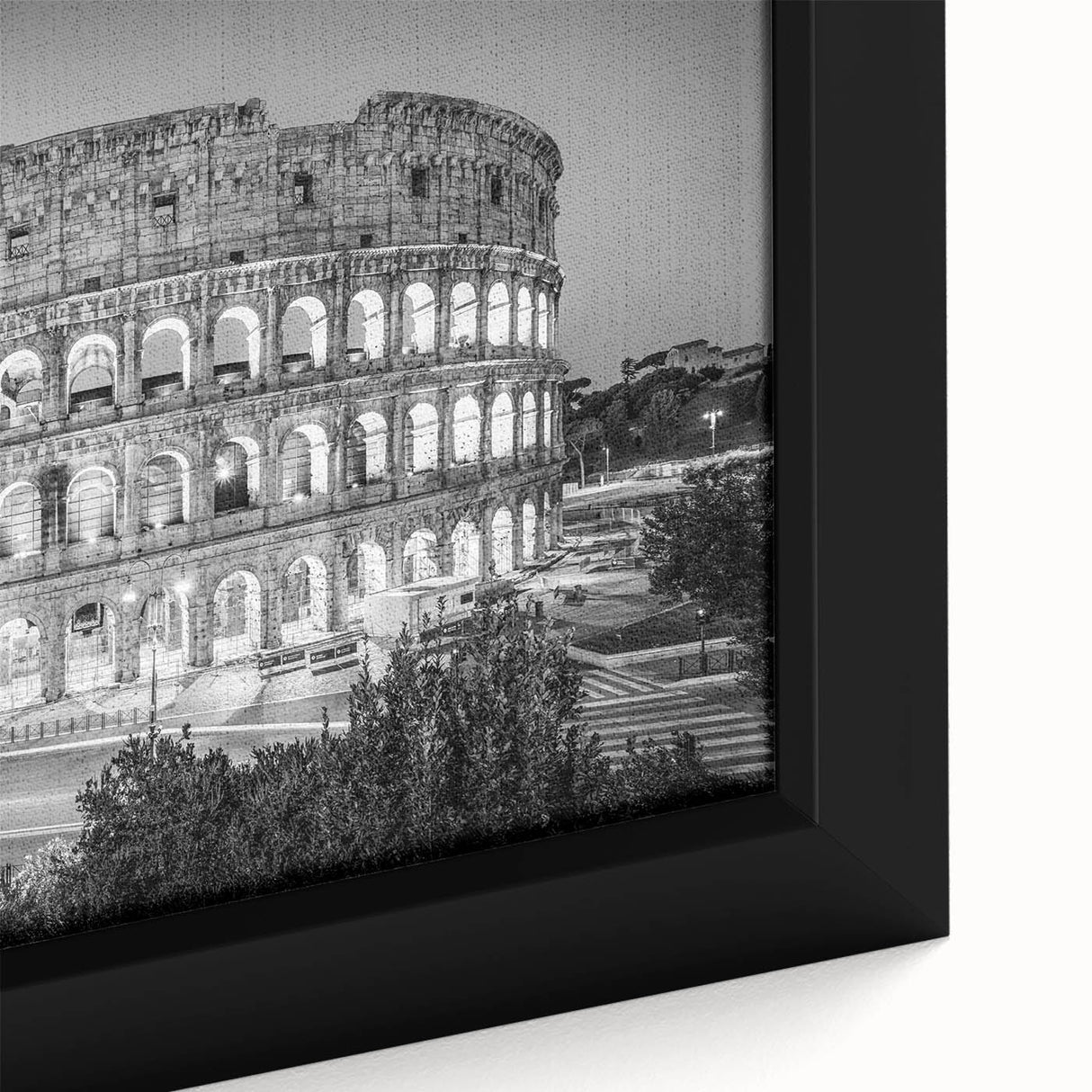 Extra large black wall art featuring a textured depiction of Rome with vibrant, colorful accents on framed canvas.