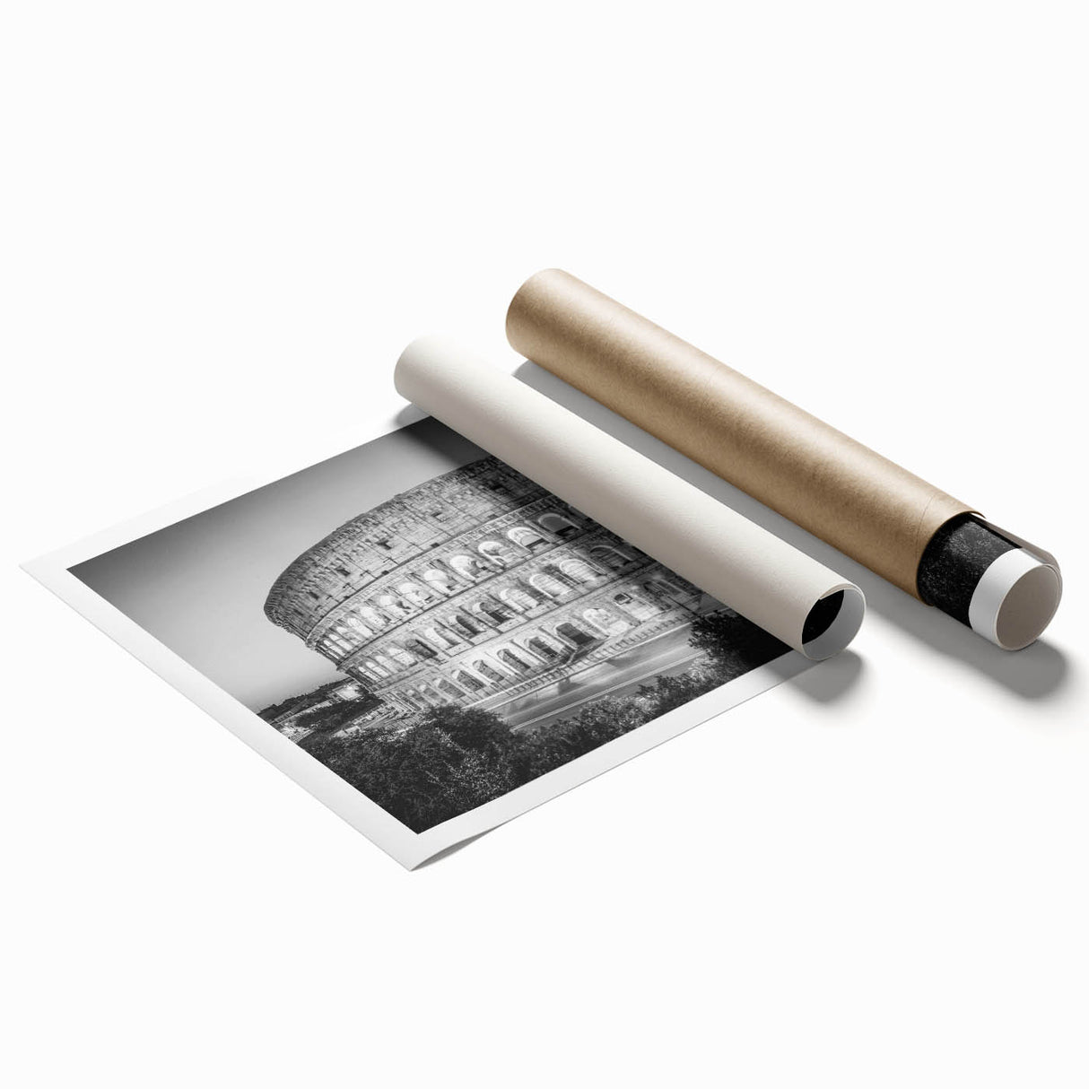 Extra large rolled print of Rome scenery with soft floral designs in muted earth tones, ideal for classy bathroom wall art.
