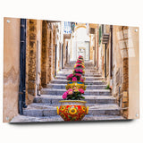 Acrylic print of a large abstract depiction of a Sicilian landscape, in muted earth tones.