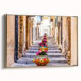 Framed canvas featuring a vintage-style landscape painting of Sicily, Italy, with muted gold and black tones.