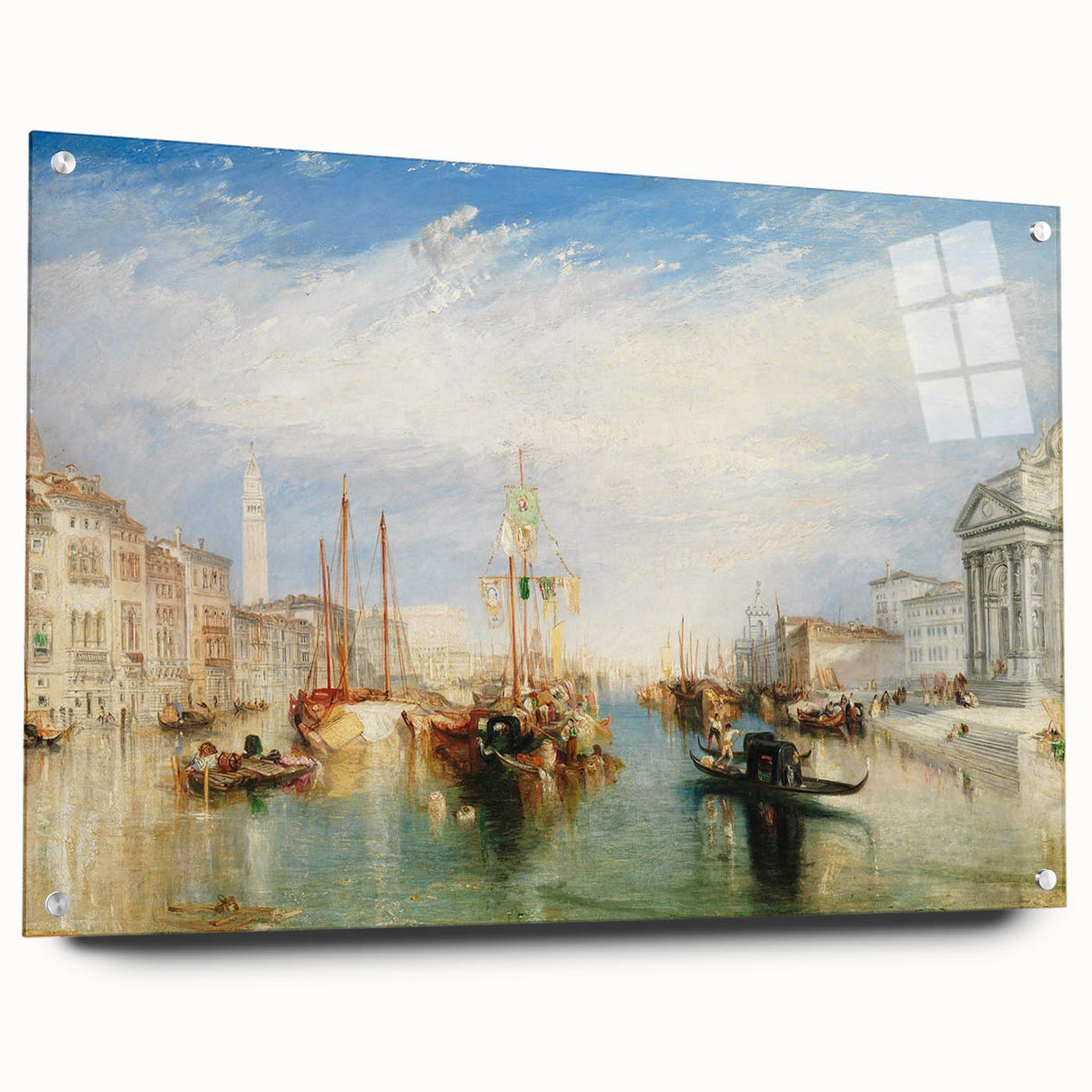 Acrylic print of Venice scenery with muted blue and peach tones, ideal for dining room decor.