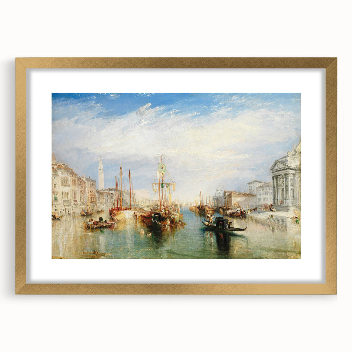 Abstract art print of Venice scenery in muted gold and blue tones on a framed canvas, ideal for dining room decor.