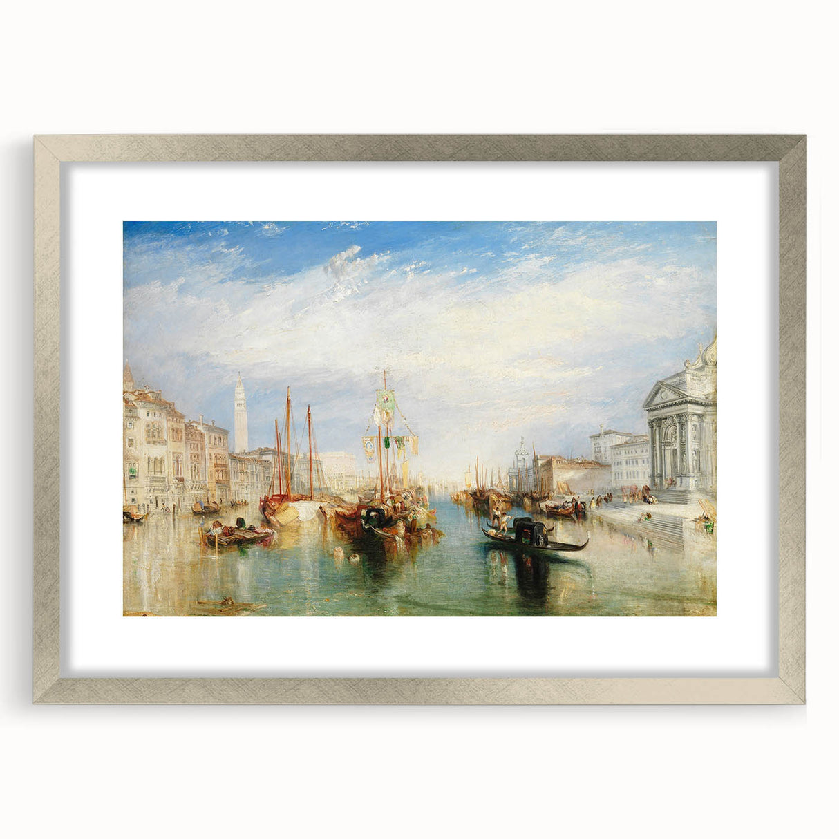 Extra large abstract art print of Venice scenery in textured silver frame, ideal for living room decor.