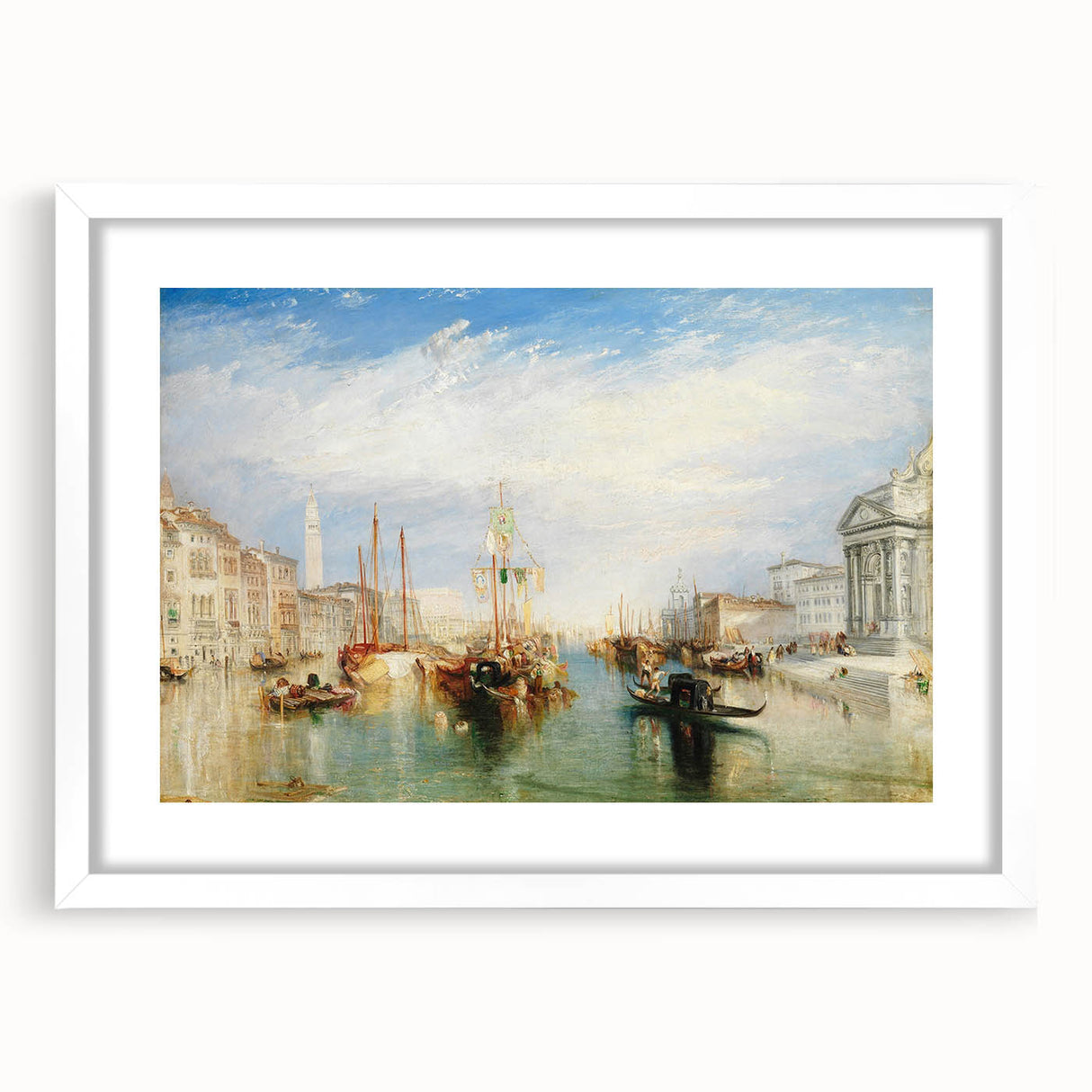 Textured art print of an abstract Venice scenery in muted earth tones on a framed white mat, ideal for bedroom art.