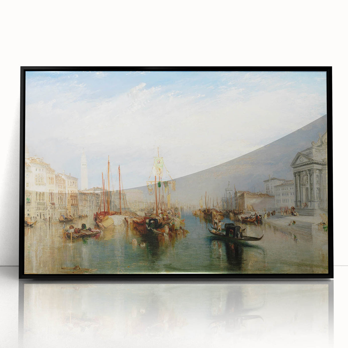Large abstract wall art of Venice scenery in black acrylic frame, featuring muted earth tones.