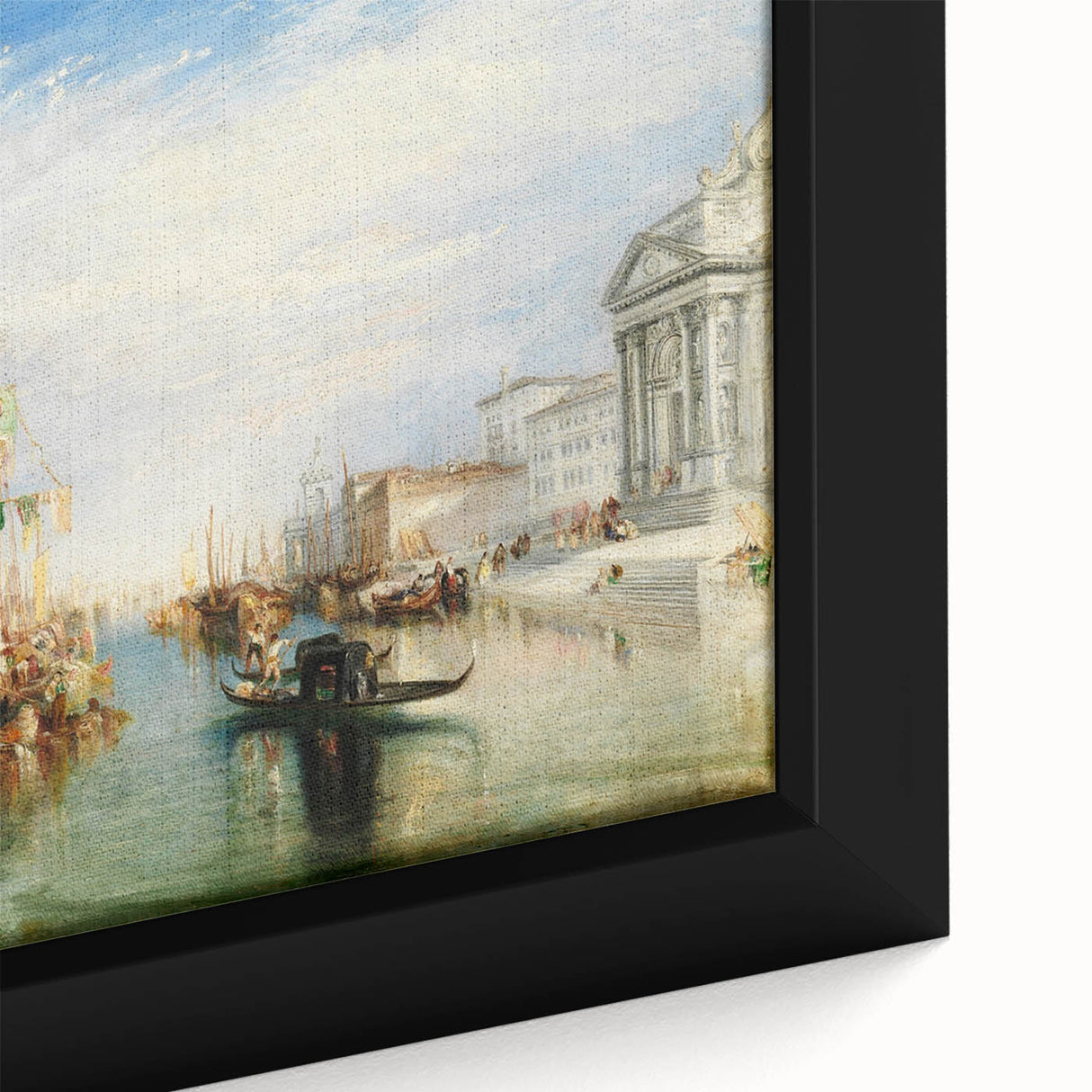 Extra large framed canvas featuring a textured depiction of Venice with a black background and vibrant, colorful accents.