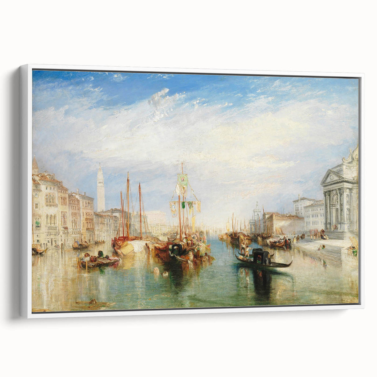 Vintage poster art of Venice scenery on extra large framed canvas, featuring colorful art against a black wall.