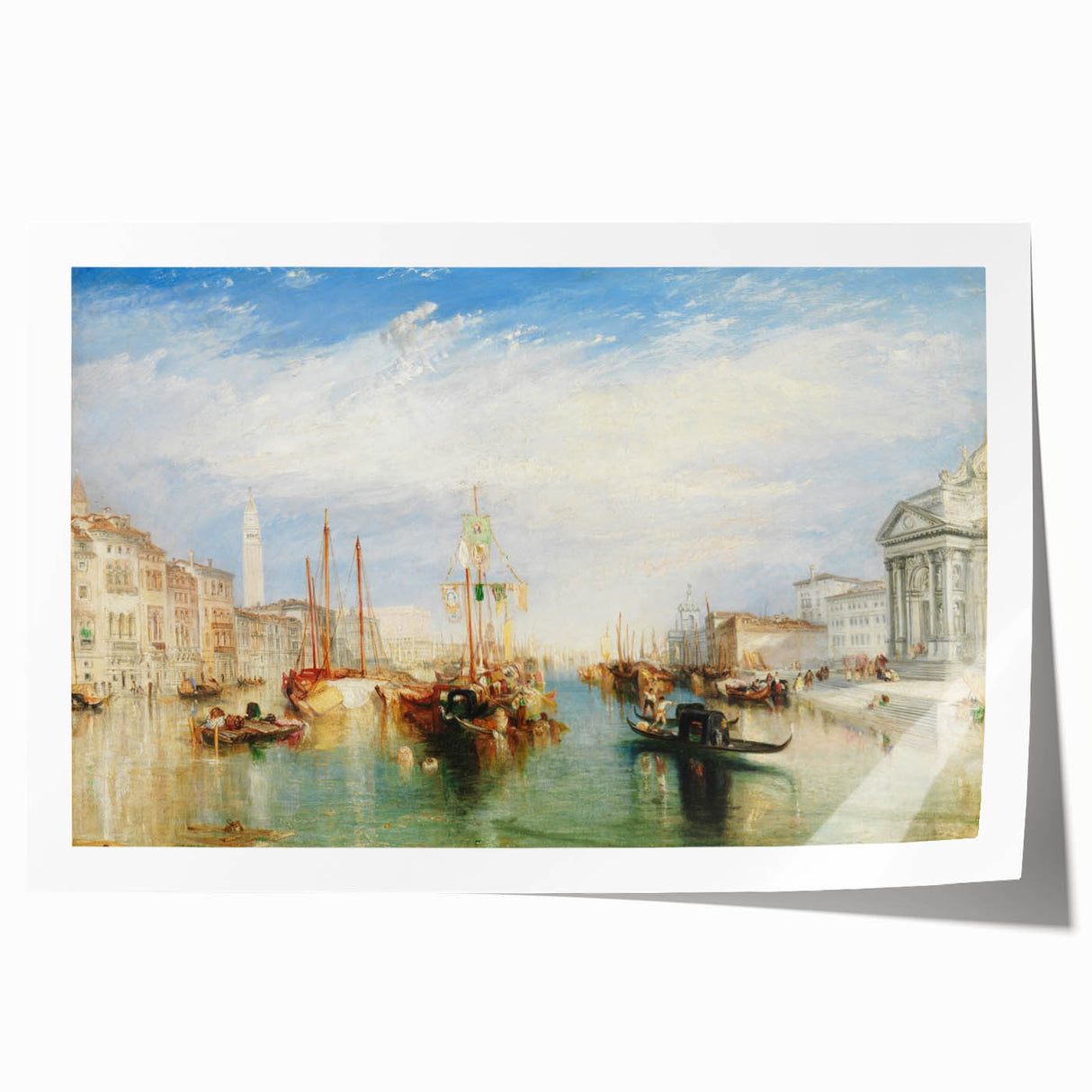 Venice canal scene with gondolas and historic buildings in muted earth tones on a rolled canvas.