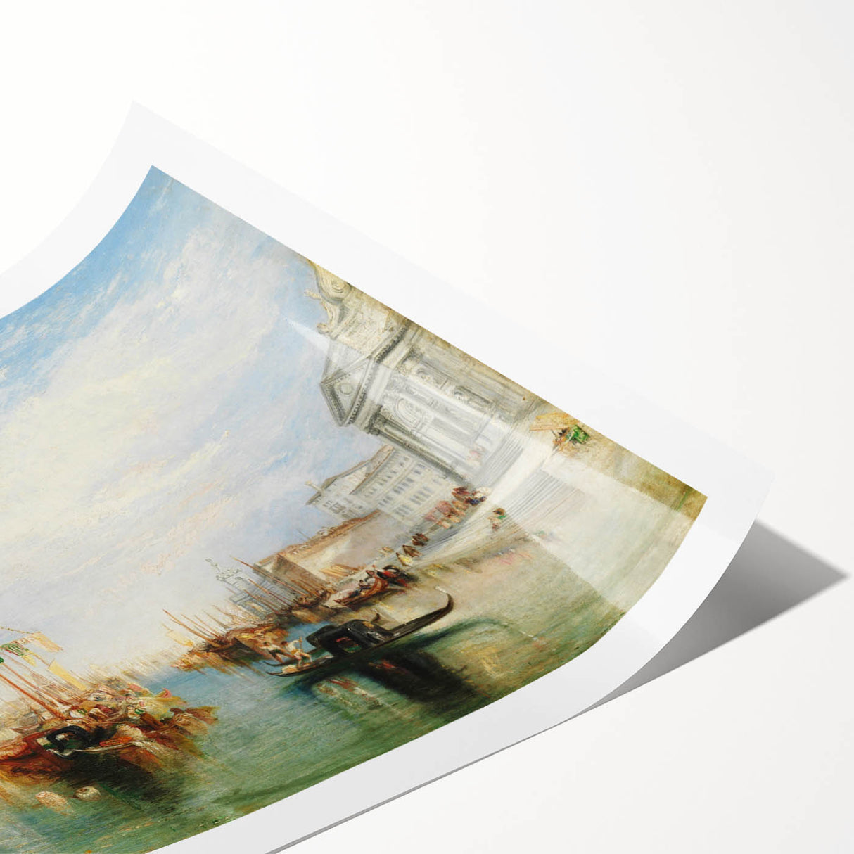 Extra large rolled print featuring line art flowers over a muted Venice scenery, ideal for large living room wall art.