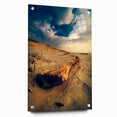 Acrylic glass print of a large abstract landscape with soft blue and green tones, ideal for dining room decor.