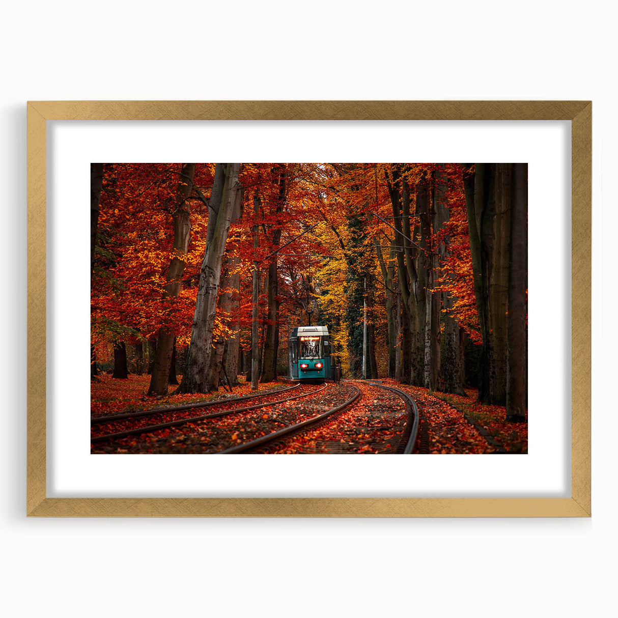 Abstract art print of a European scenery in muted gold and blue tones, framed with a gold mat, ideal for dining room decor.
