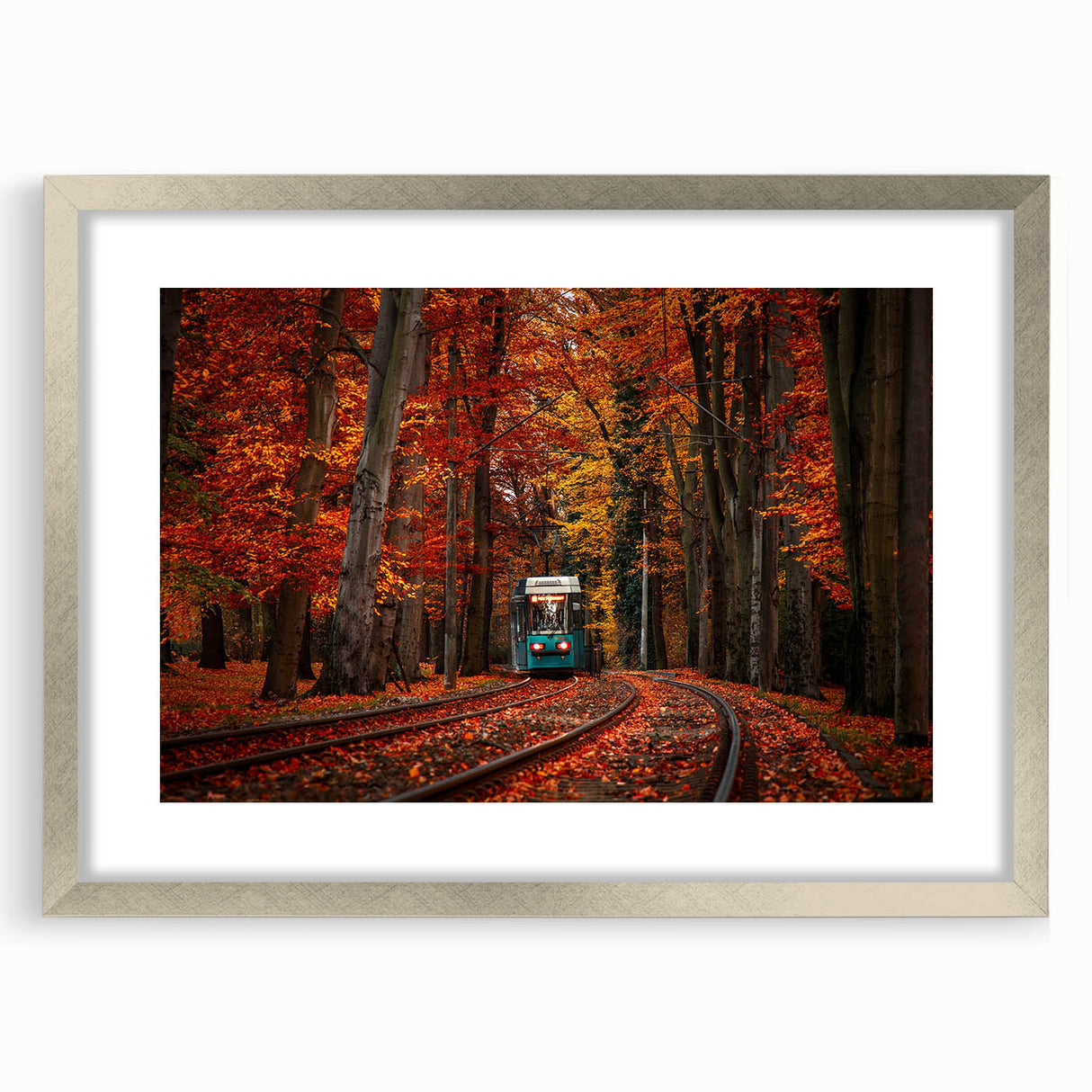 Extra large abstract art print of a European scenery in muted earth tones, framed in silver, ideal for living room decor.
