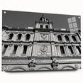 Large abstract depiction of Madrid in muted orange and blue shades on acrylic glass.