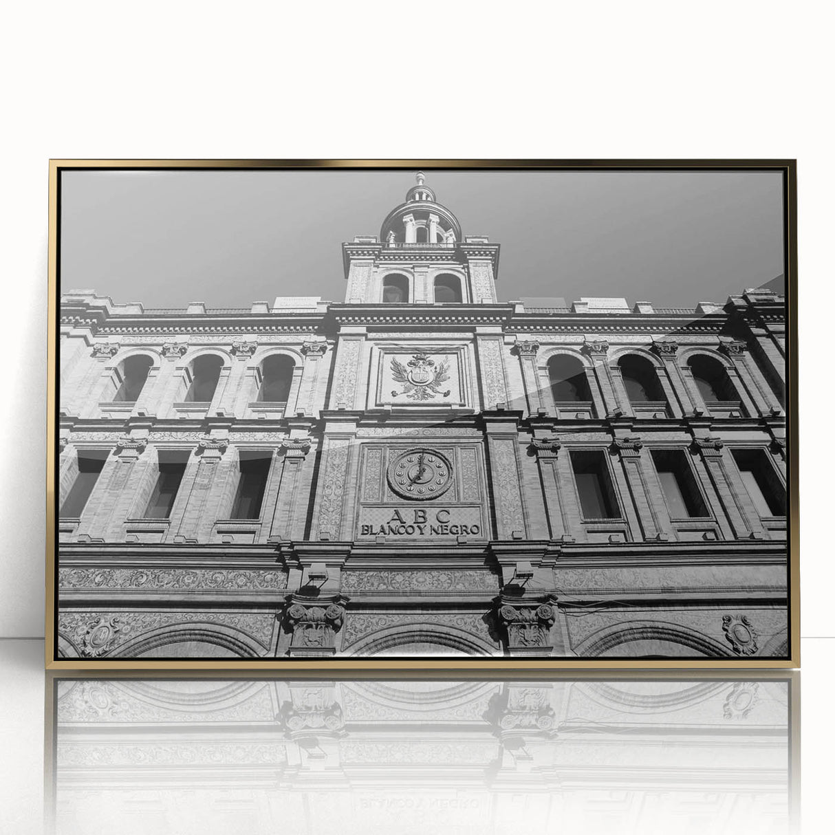 Large acrylic print of Madrid scenery in mid-century modernist style, with gold frame, suitable for modern art wall decor.