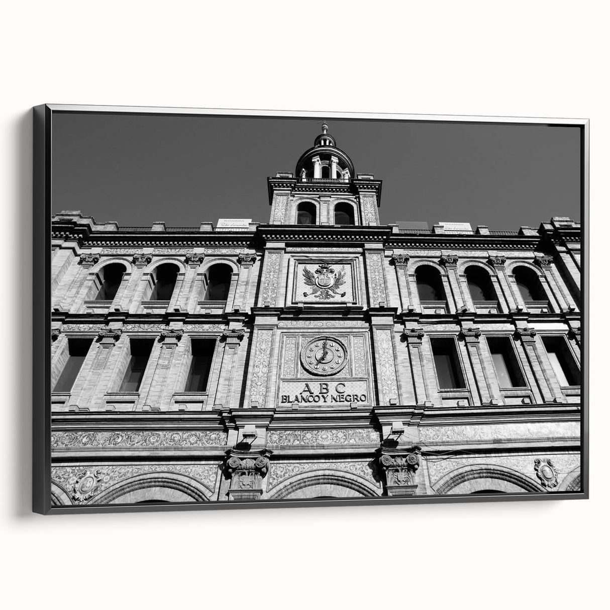 Black and white framed canvas of Madrid landscape, vintage poster style, ideal for bedroom wall art.