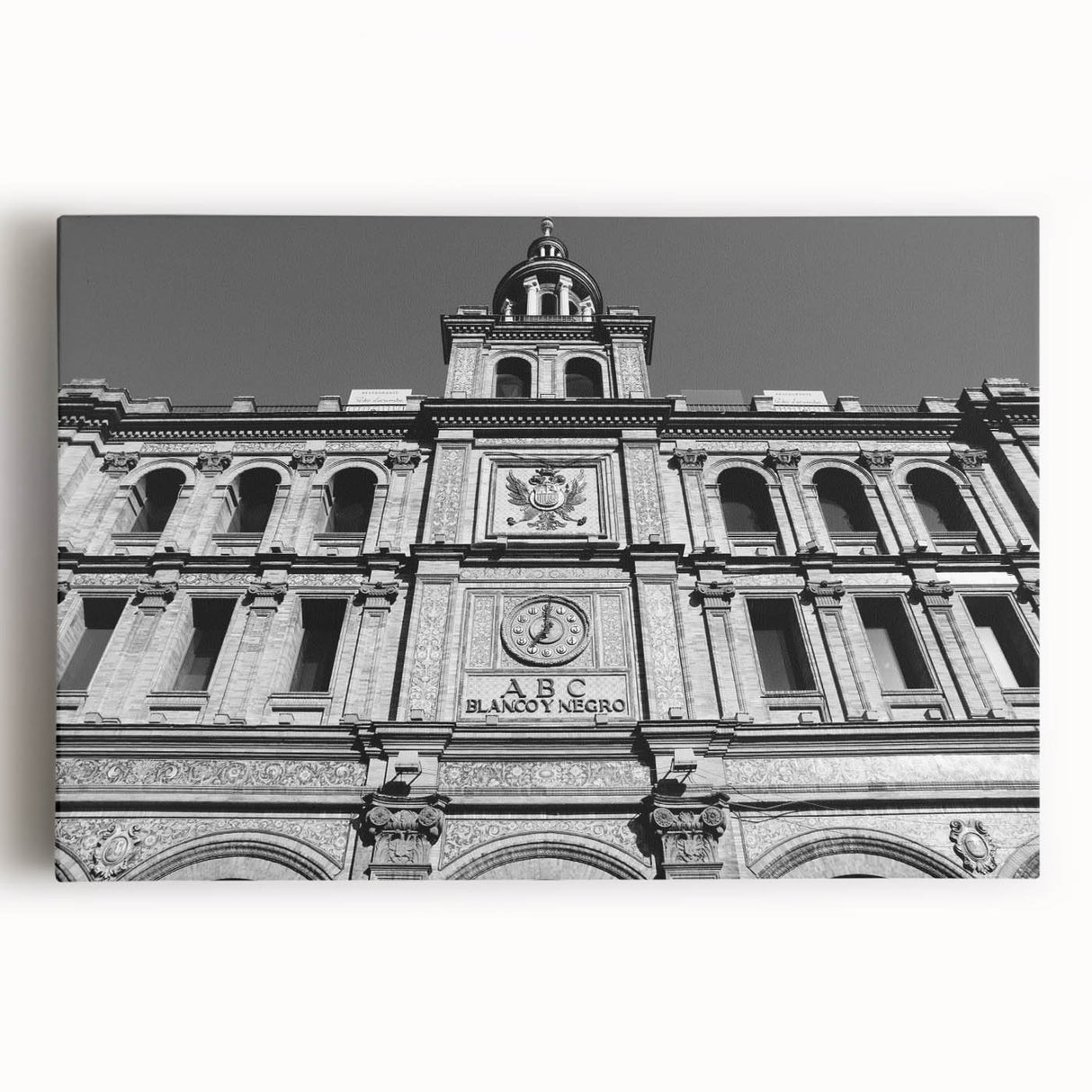 Black and white stretched canvas of Madrid skyline, ideal for kitchen wall art.