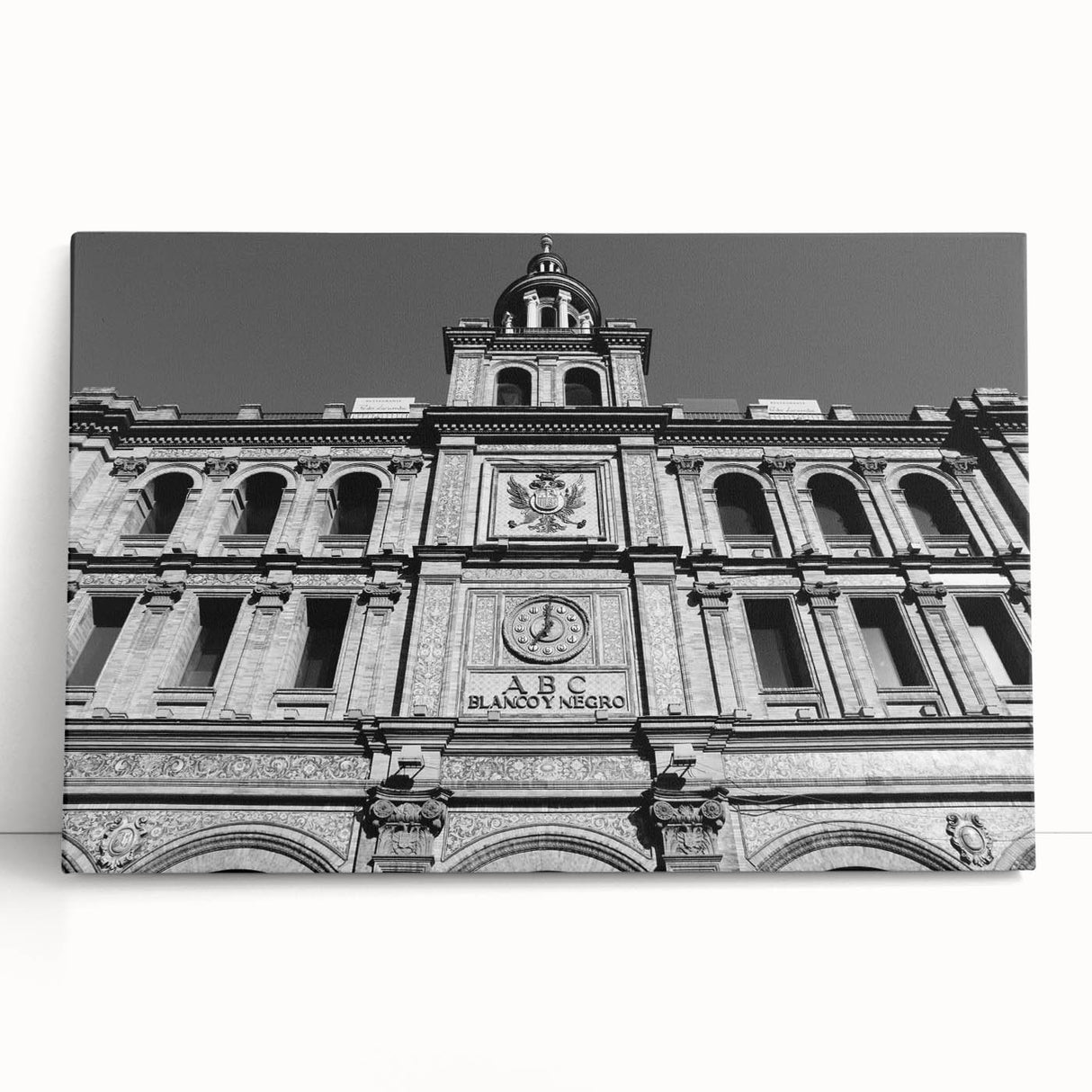 Black and white stretched canvas of Madrid cityscape, ideal for kitchen wall art or bedroom ambiance.