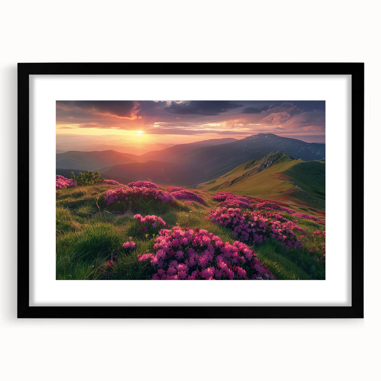 Colorful abstract art print depicting a textured European scenery, in a large black frame, suitable for living room decor.