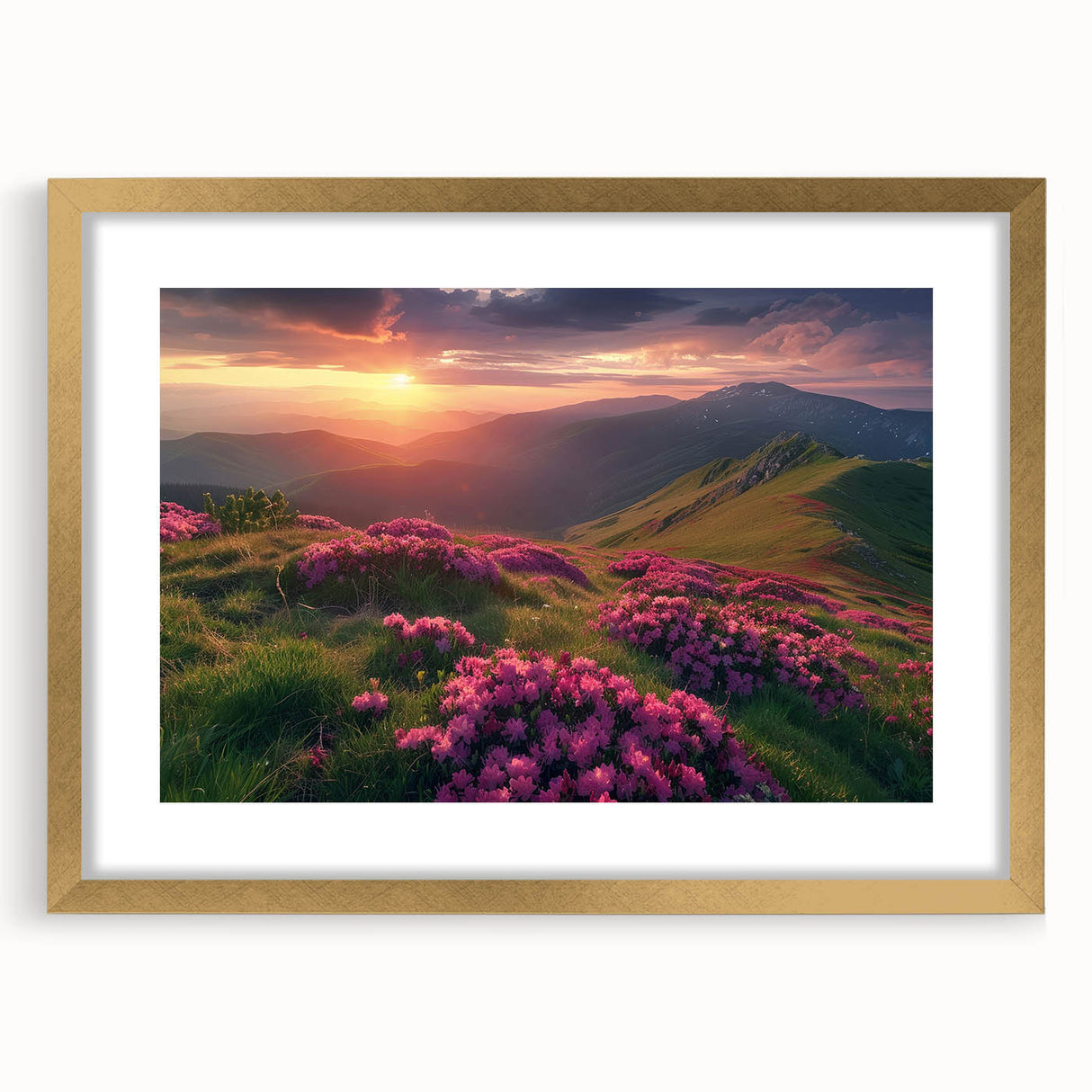 Extra large abstract art print of a textured European scenery in muted earth tones, framed in gold.