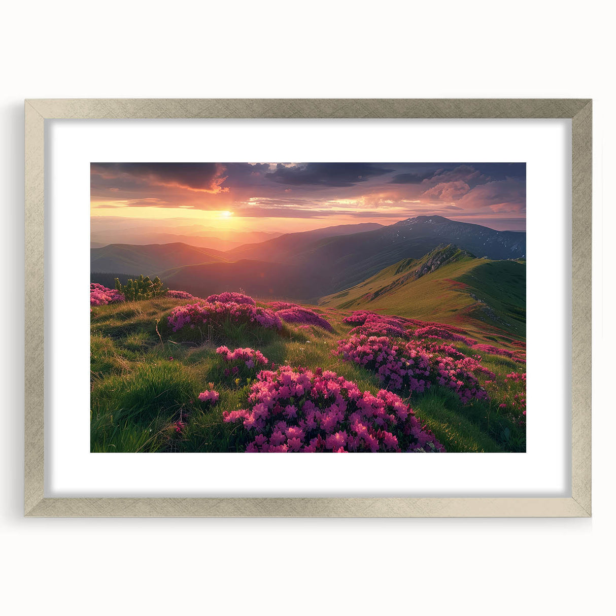 Textured abstract art print depicting a European scenery in muted earth tones on a framed silver mat, ideal for bedroom art.