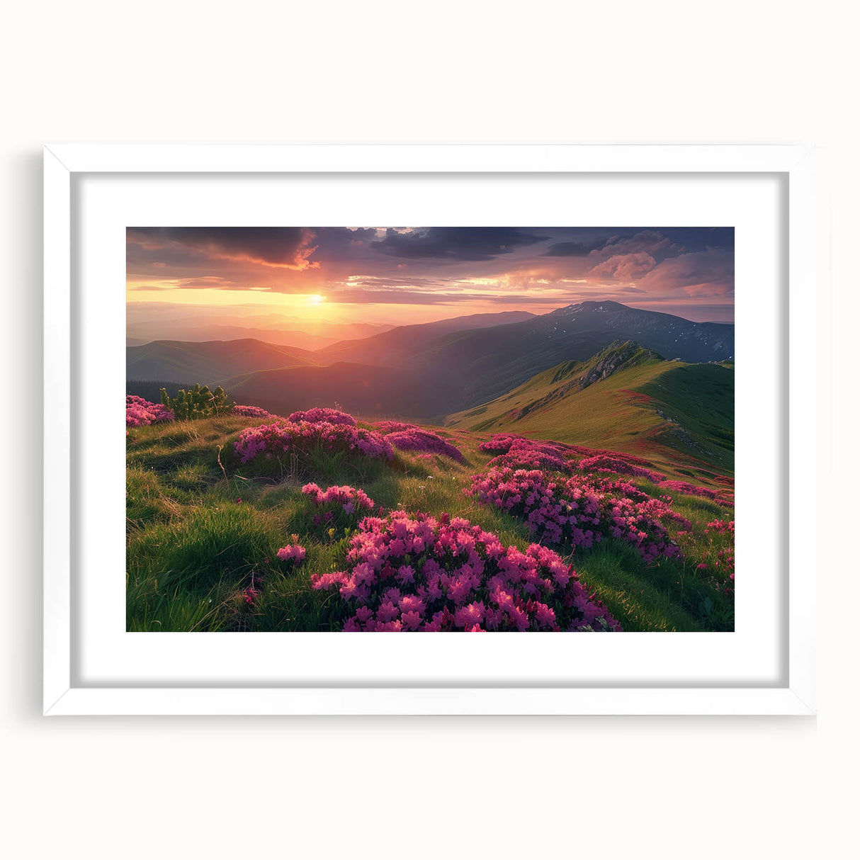 Abstract art print of a European scenery in muted blue and green tones, framed with a white mat, ideal for dining room decor.