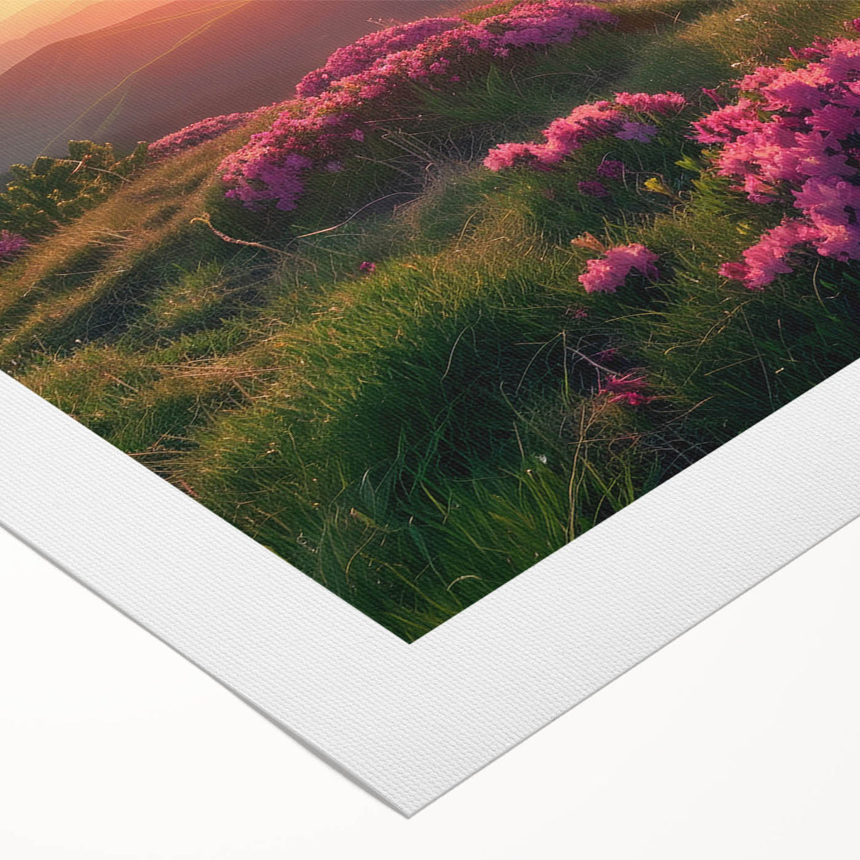 Art deco poster featuring a serene European landscape in muted greens and blues on rolled canvas.