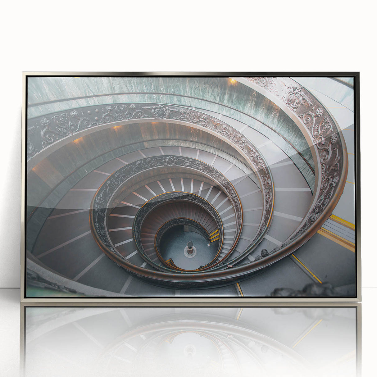 Mid-century modernist art of the Vatican scenery in silver framed acrylic, featuring muted earth tones.