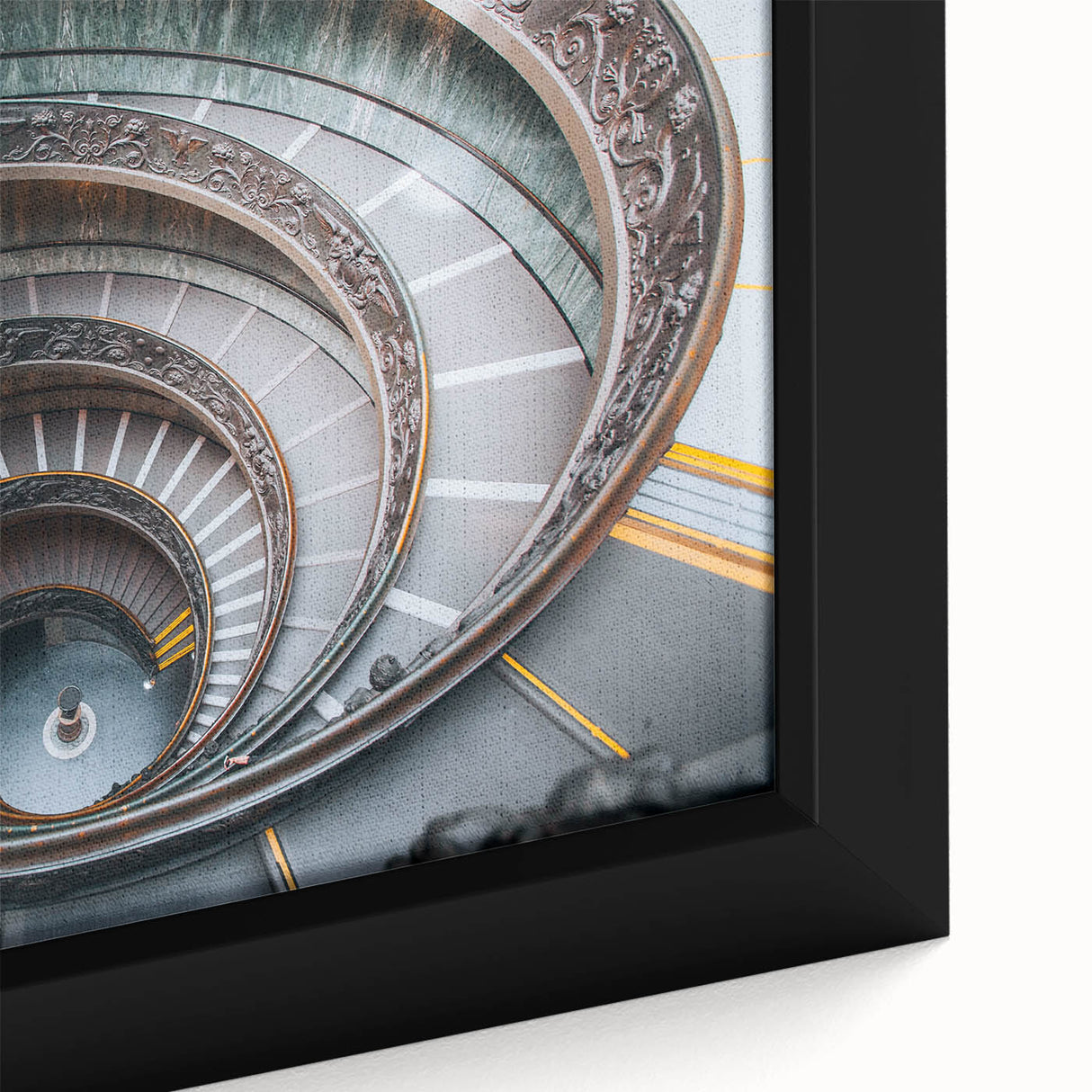 Close-up of a black framed canvas featuring a textured depiction of the Vatican in vibrant colors.