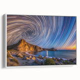 Framed canvas of vintage poster art depicting Baja California scenery in vibrant colors, ideal for living room decor.