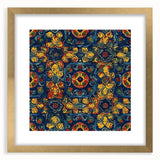 Extra large abstract art print depicting a textured scenery of Oaxaca, with vibrant earth tones, framed in gold.