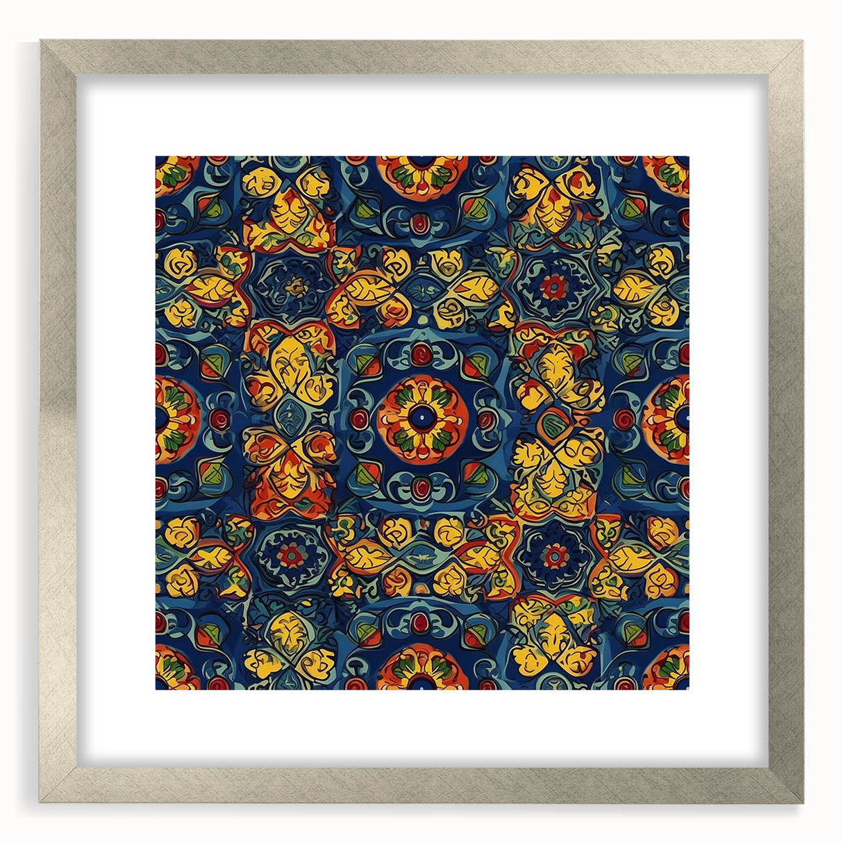 Textured art of abstract Oaxaca scenery in silver frame with mat, featuring earthy color tones, ideal for bedroom wall decor.