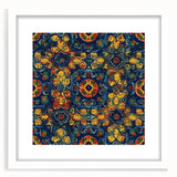 Abstract art print depicting vibrant Mexican Oaxaca scenery in a white framed mat, ideal for dining room decor.