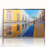 Mid-century modernist art depicting Yucatan scenery in silver-framed acrylic, ideal for nursery wall art.