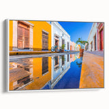 Vintage poster art of Yucatan, Mexico on framed canvas, featuring colorful imagery on a black background.