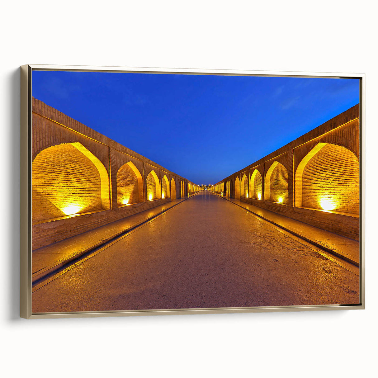 Framed canvas of a vintage-style Iranian landscape painting in gold and black tones, ideal for bedroom decor.