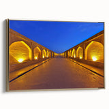 Framed canvas of a vintage-style Iranian landscape painting in gold and black tones, ideal for bedroom decor.