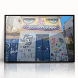 Large abstract wall art of Tel Aviv skyline in muted gray and blue tones on framed acrylic.