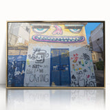 Large art print of Tel Aviv skyline in gold and blue tones on acrylic, styled in mid-century modernist.