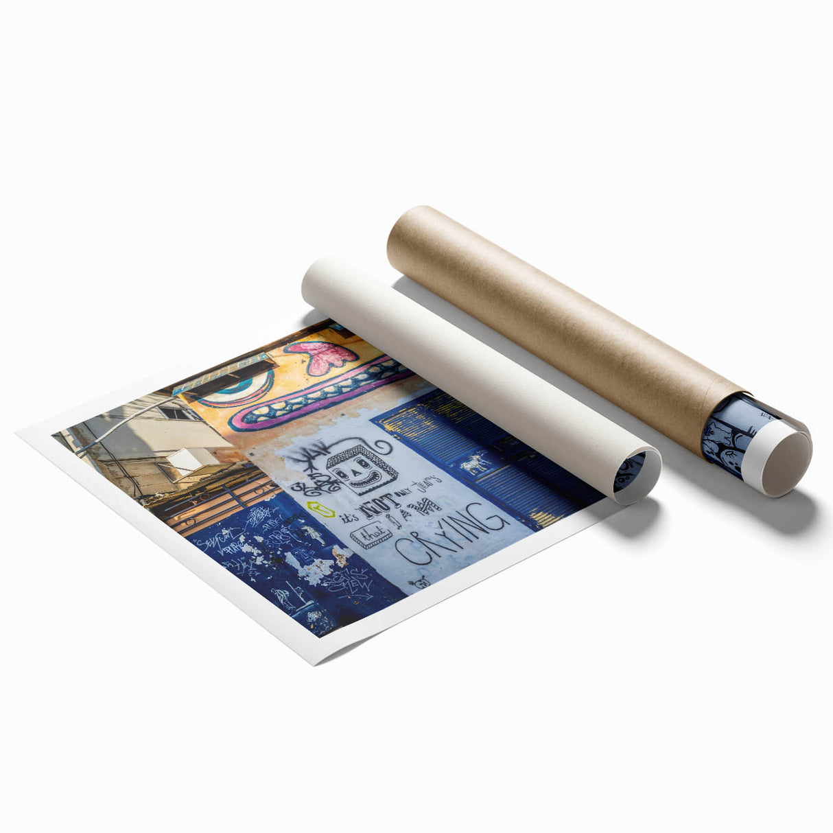 Extra large rolled print of Tel Aviv skyline with floral motifs in soft pastel shades.