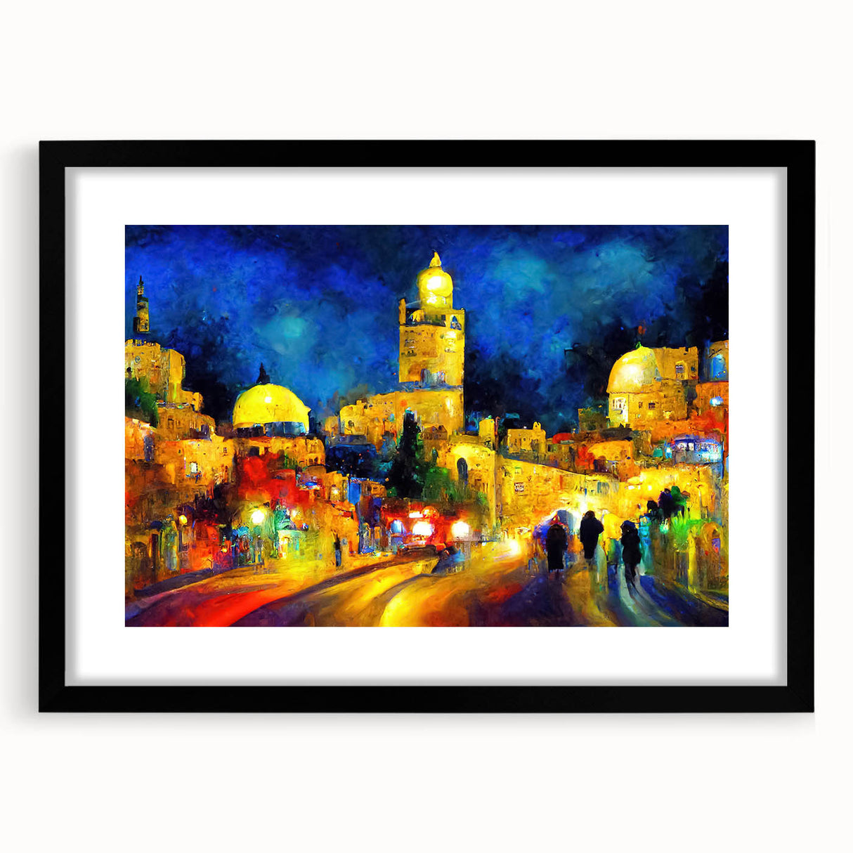 Colorful abstract art print of a Middle Eastern scenery in vibrant orange and blue tones on a large framed canvas.