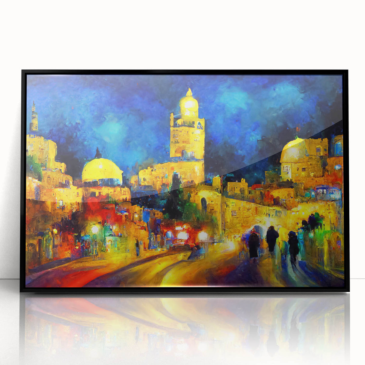 Large abstract wall art depicting a Middle Eastern scenery in muted earth tones on a framed acrylic.