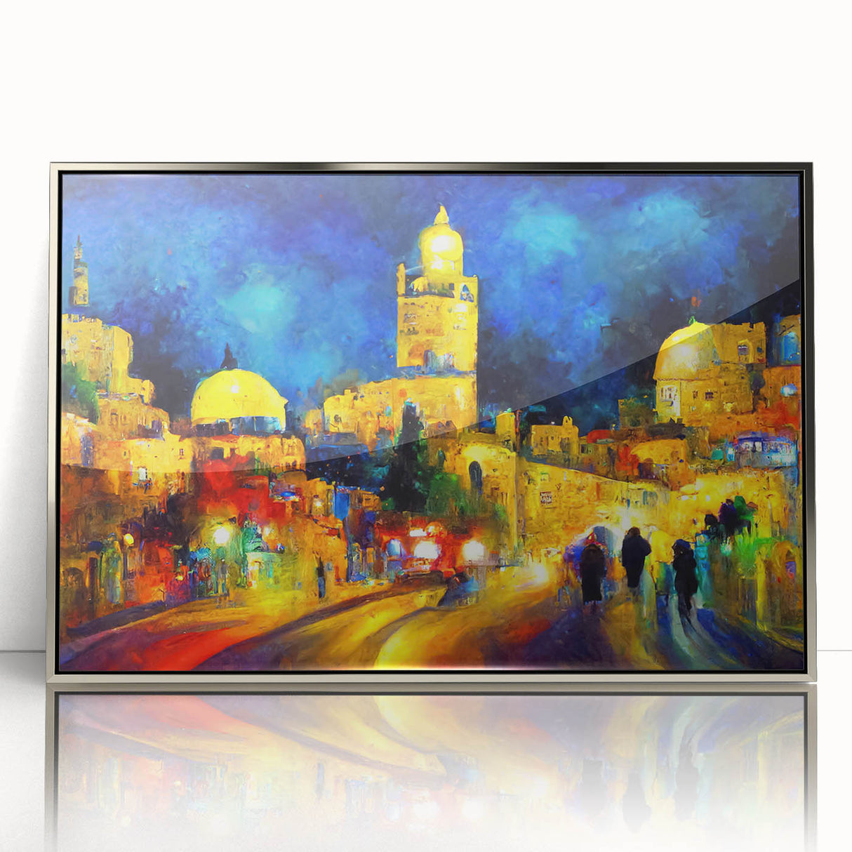 Mid-century modernist art of a Middle Eastern landscape in muted earth tones on a framed acrylic print.