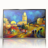Mid-century modernist art of a Middle Eastern landscape in muted earth tones on a framed acrylic print.