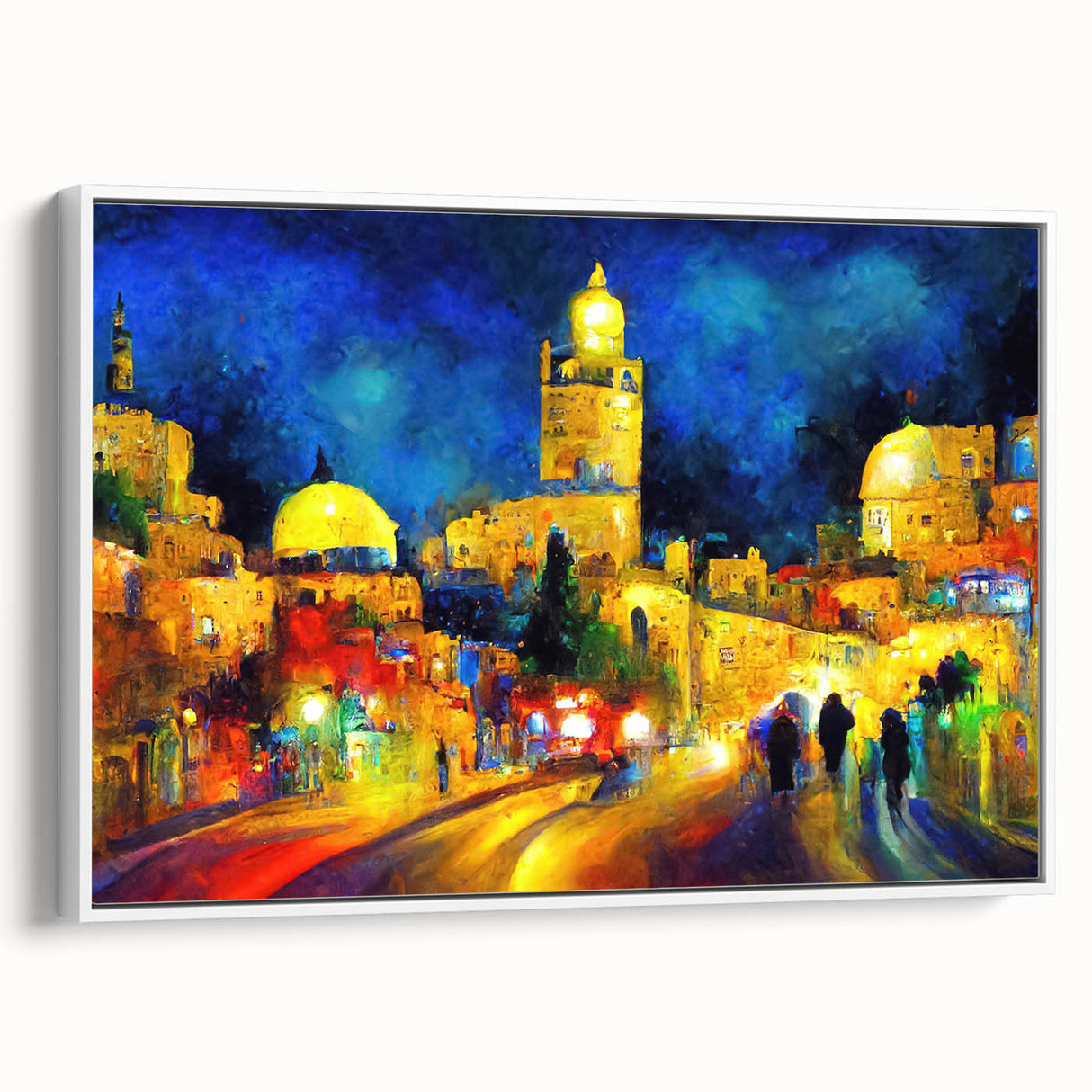 Vintage poster art of a Middle Eastern scene on a large framed canvas with vibrant colors, ideal for living room decor.