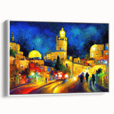 Vintage poster art of a Middle Eastern scene on a large framed canvas with vibrant colors, ideal for living room decor.