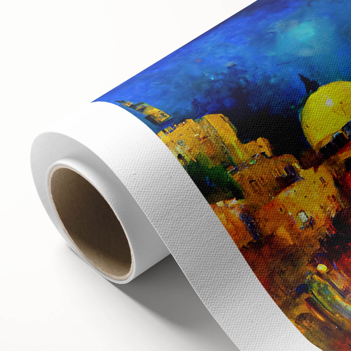Art Deco poster of a Middle Eastern landscape in pastel shades on rolled canvas, ideal for nursery wall art.