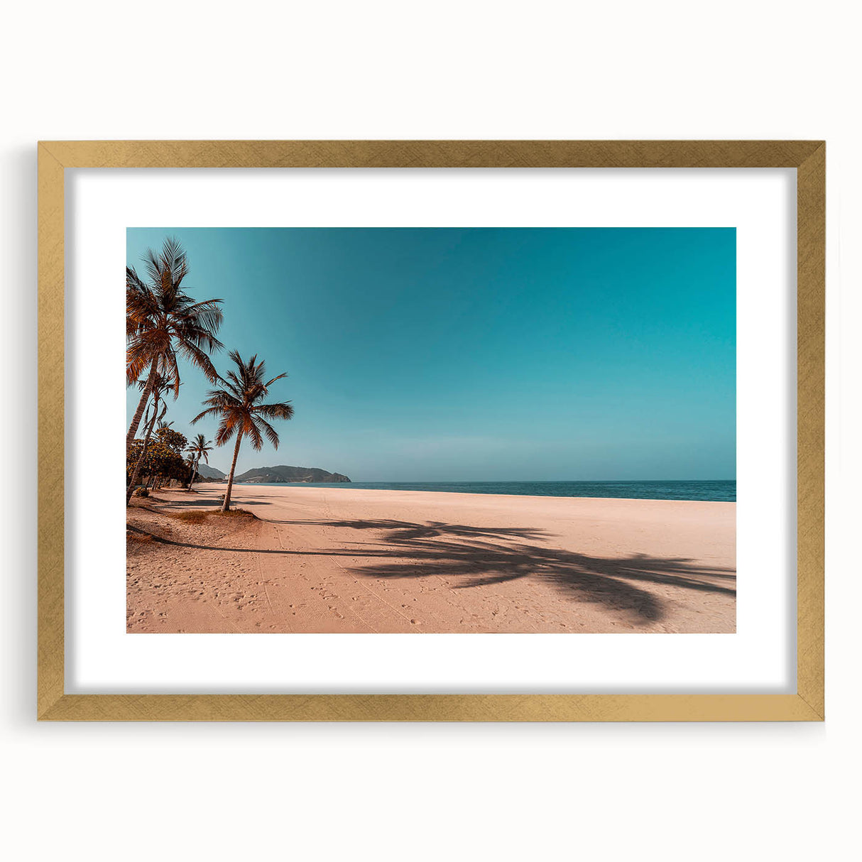 Extra large abstract art print featuring textured scenery of Oman in muted gold and brown tones on a framed canvas.