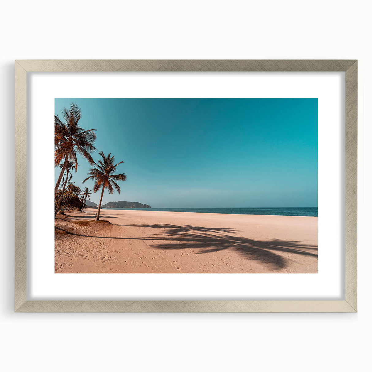 Textured abstract art print depicting a Middle Eastern scenery in muted earth tones, framed in silver, ideal for bedroom art.