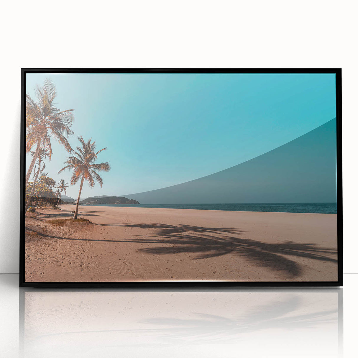 Large abstract wall art depicting a Middle Eastern Oman scenery in muted earth tones on a framed acrylic.
